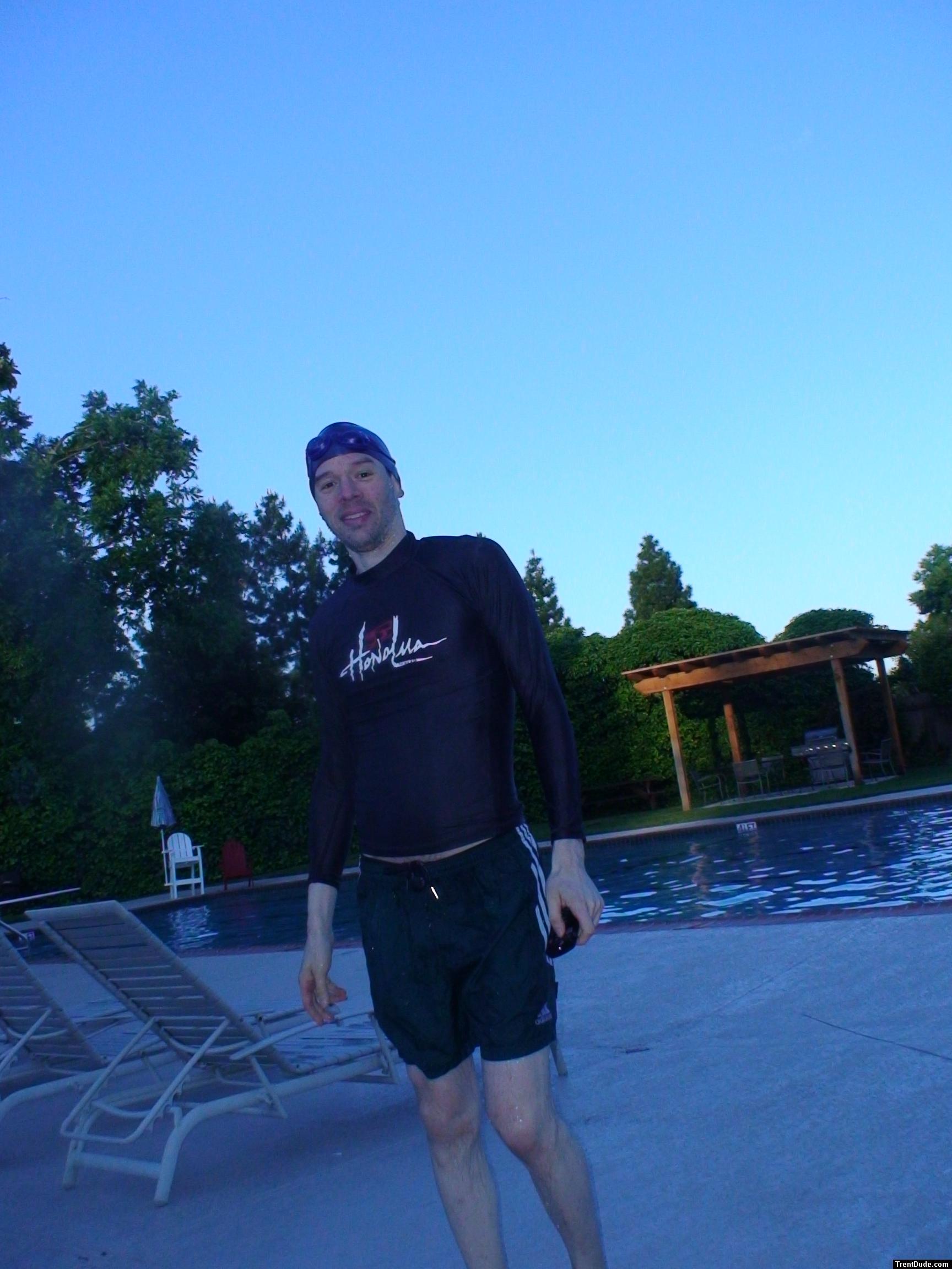 Over 6 ft tall, wearing size medium Honolua rash guard, addidas nylon shorts