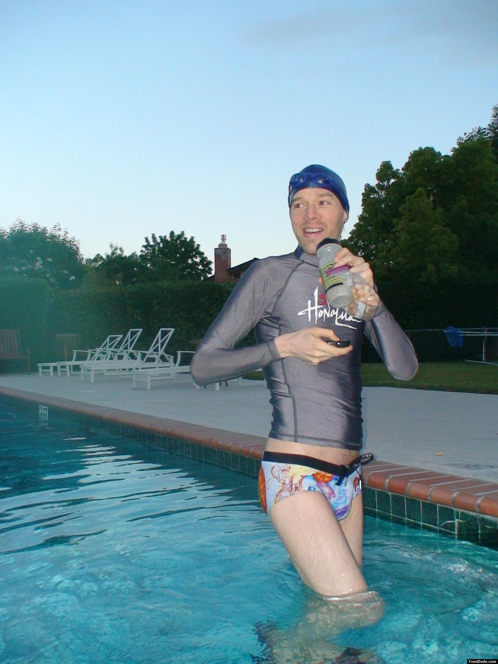 Happy to swim in jelly fish Ocean swim briefs and a rash guard he found (best)