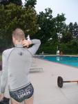 Flaunting a Marine Corps speedo  with grey body glove rash guard (rear) (best)