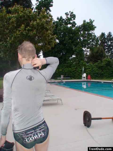 Flaunting a Marine Corps speedo  with grey body glove rash guard (rear) (best)