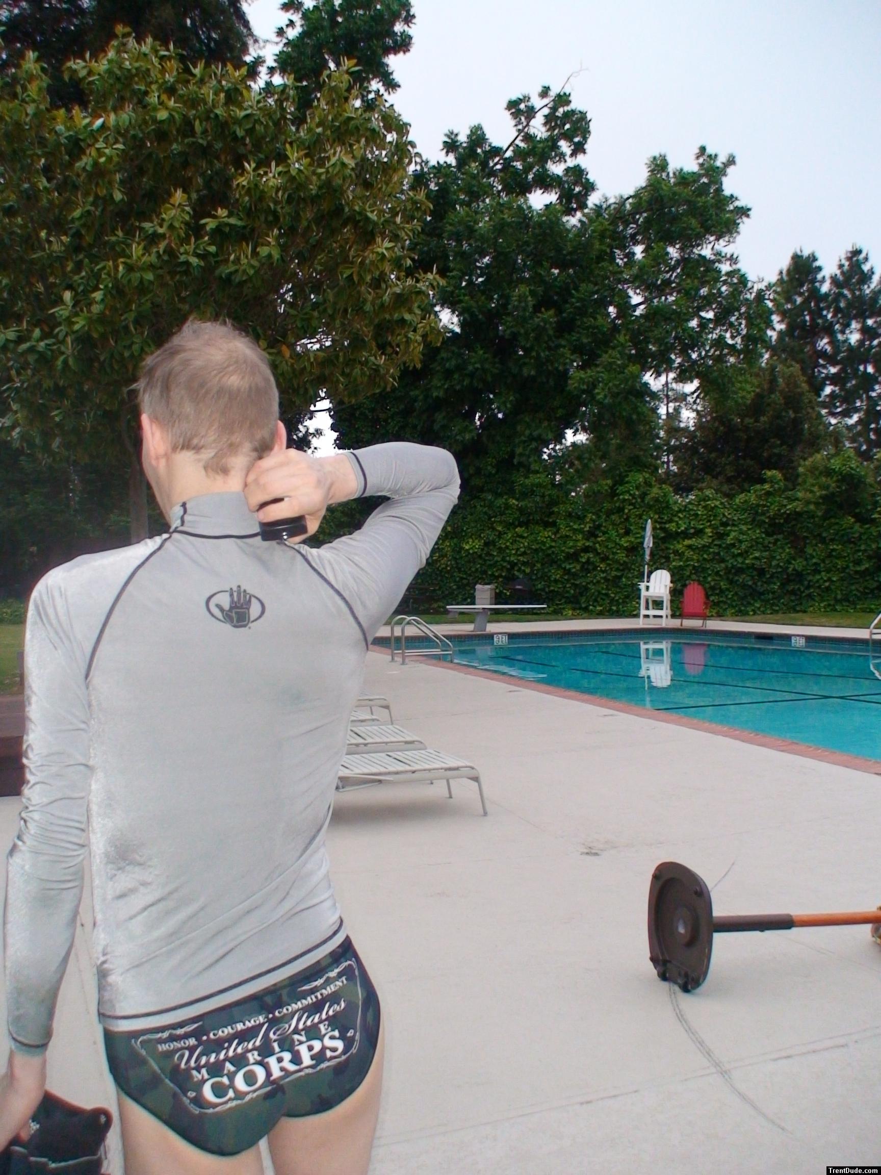 Flaunting a Marine Corps speedo  with grey body glove rash guard (rear) (best)