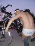 Checking his brakes