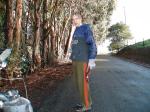 football windbreaker, addidas sweat pants in front of eucalyptus tree