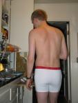 swimmer back muscles - Calvin Klein white boxer briefs in the kitchen