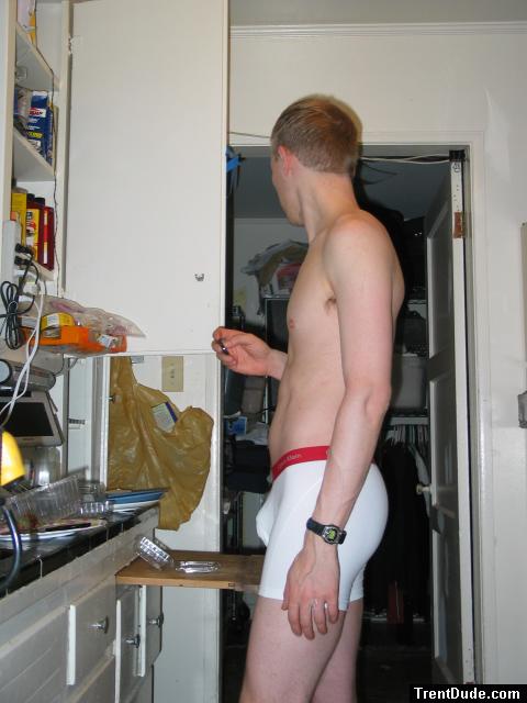 Calvin Klein white boxer briefs in the kitchen - favorite pair of Trent's, for sale