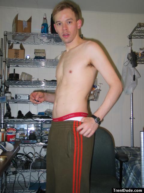 Just back from a work out - Addidas sweat pants and Calvin Klein white boxer briefs