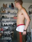 Addidas sweat pants and Calvin Klein white boxer briefs - colling down after a work out