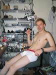 Calvin Klein white boxer briefs - sitting in a chair