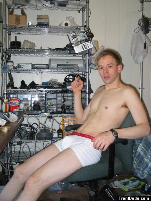 Calvin Klein white boxer briefs - sitting in a chair