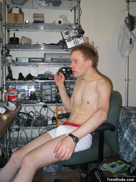 Calvin Klein white boxer briefs - squinting at the monitor