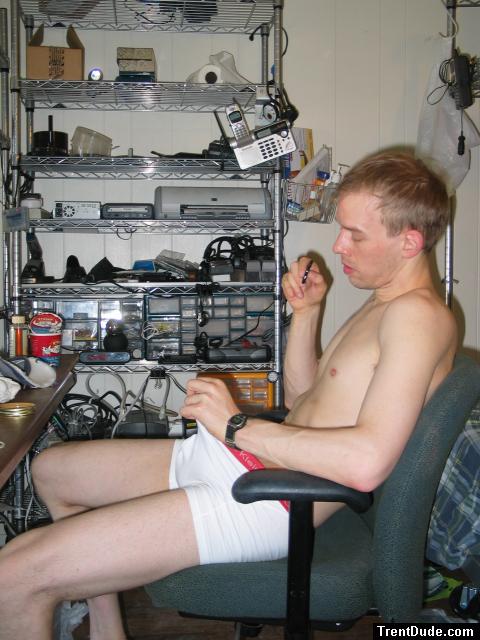 Taking a peak - his eyes only! - Calvin Klein white boxer briefs -