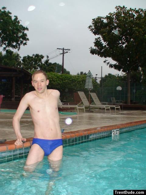 Jumping in, blue Nike speedo (bulge)