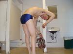 Trying on Blue/Red stripes Speedo (rear, underarm)