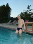 Getting in the pool in Blue/Red stripes Speedo!