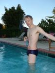 looking serious -  - Blue/Red stripes Speedo (bulge)