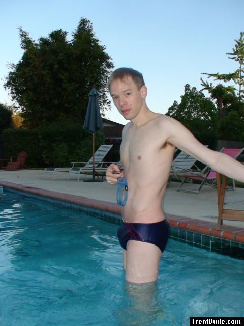 looking serious -  - Blue/Red stripes Speedo (bulge)