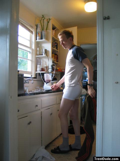 Making a smoothie in Calvin boxer briefs