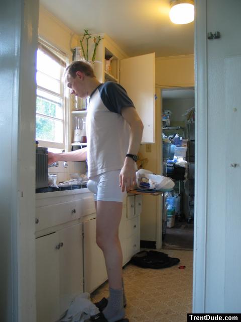 in the kitchen  wearing Calvin Klein boxer briefs (pouch)! (best)