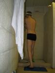 Jumping in the shower, Speedo training suit (skinny rear!)