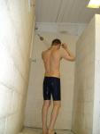 Showering in blue Dolphin brand jammer tights (butt, legs)