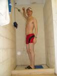 showering (in a Red Speedo Curve Line Square Leg Trunk from InternationalJock.com)