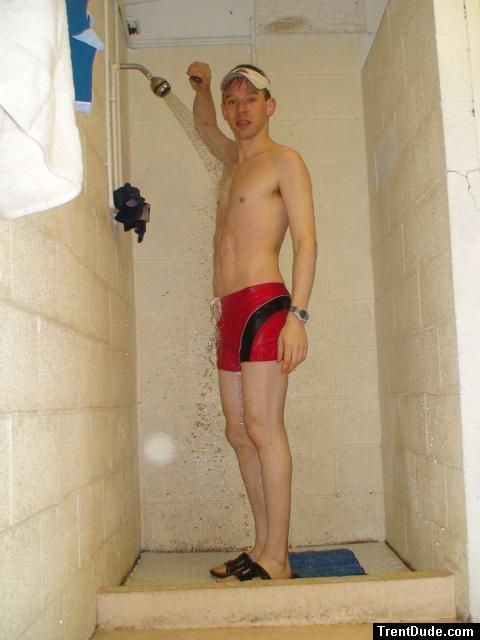 showering (in a Red Speedo Curve Line Square Leg Trunk from InternationalJock.com)