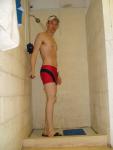 showering (in a Red Speedo Curve Line Square Leg Trunk from InternationalJock.com)