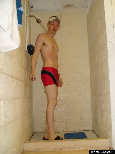 showering (in a Red Speedo Curve Line Square Leg Trunk from InternationalJock.com)