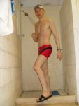 showering (in a Red Speedo Curve Line Square Leg Trunk from InternationalJock.com)