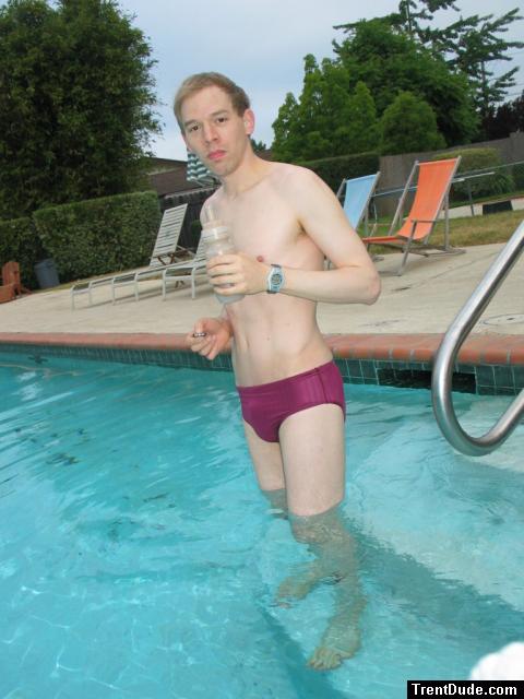 Drinking in a maroon Speedo