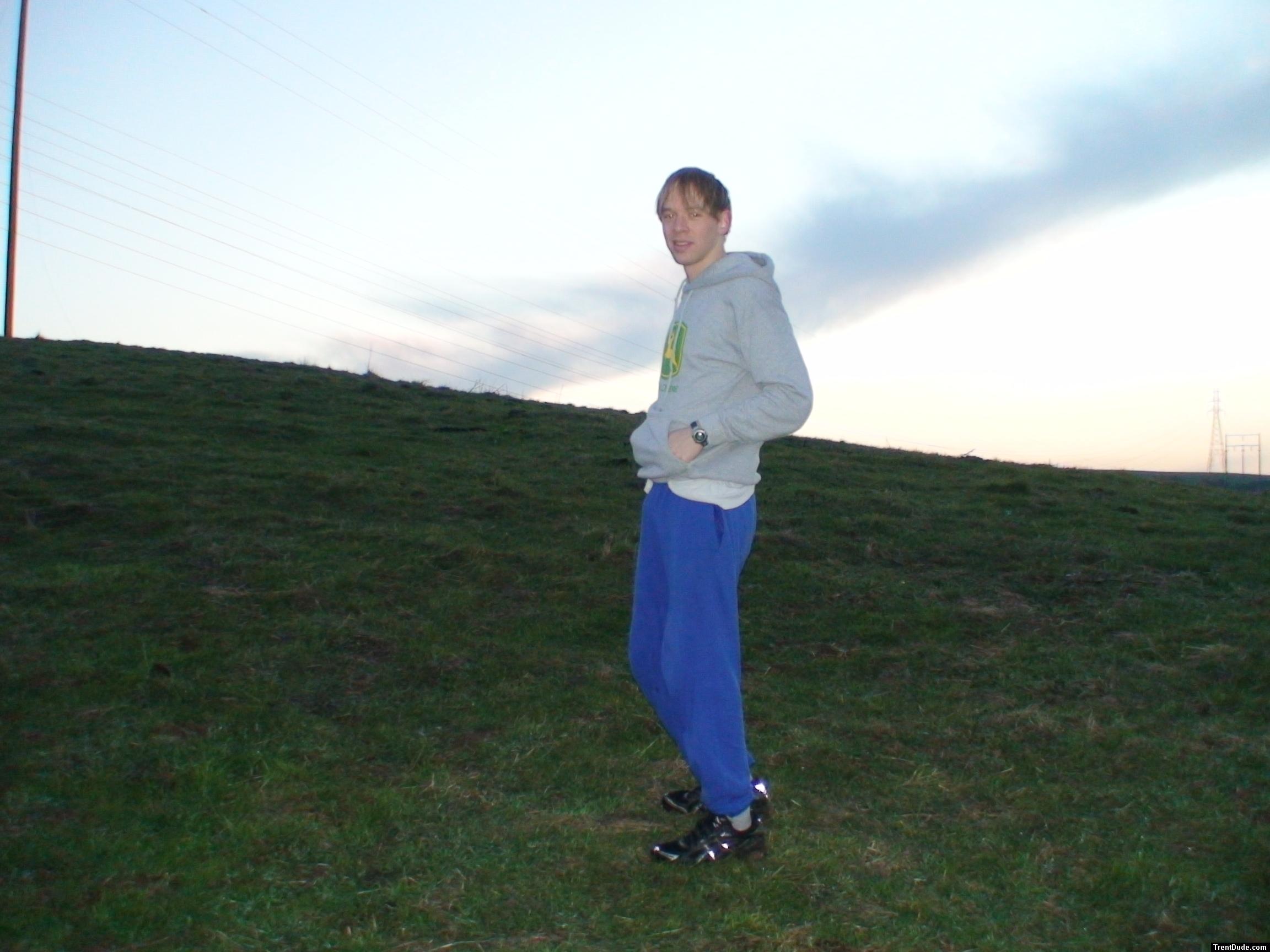 Getting up early to check the cows in blue sweats pants