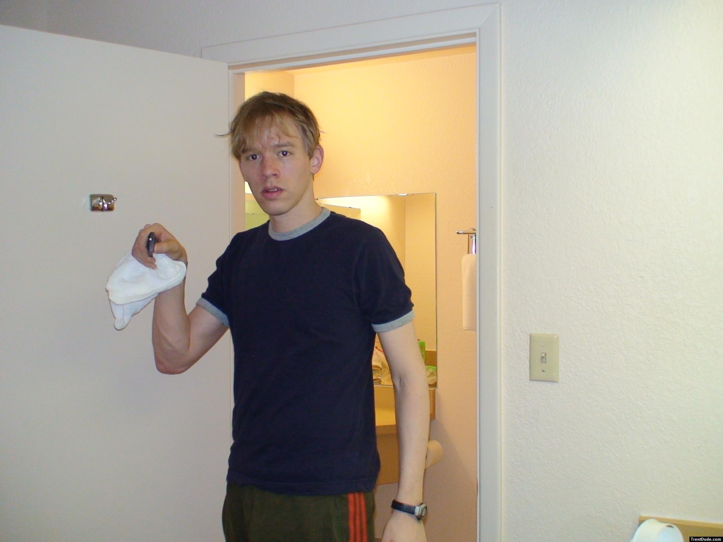 Wearing a blue shirt