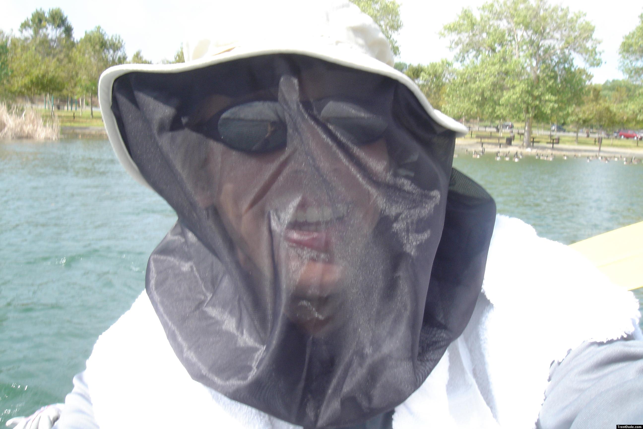 !Trent wearing a skeeto mask on the lake