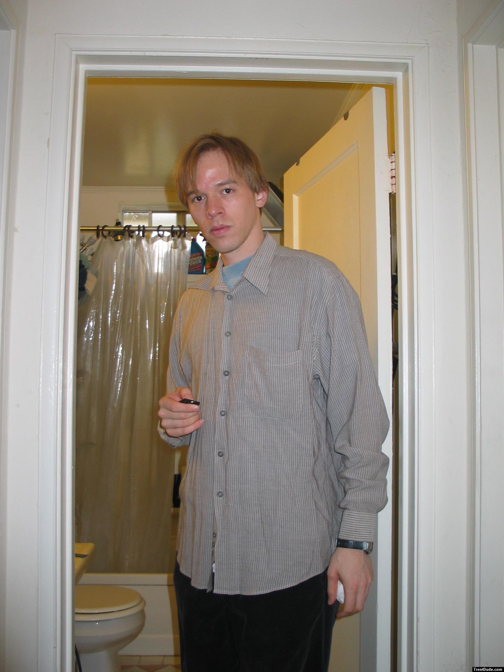 Tan button up shirt, long hair