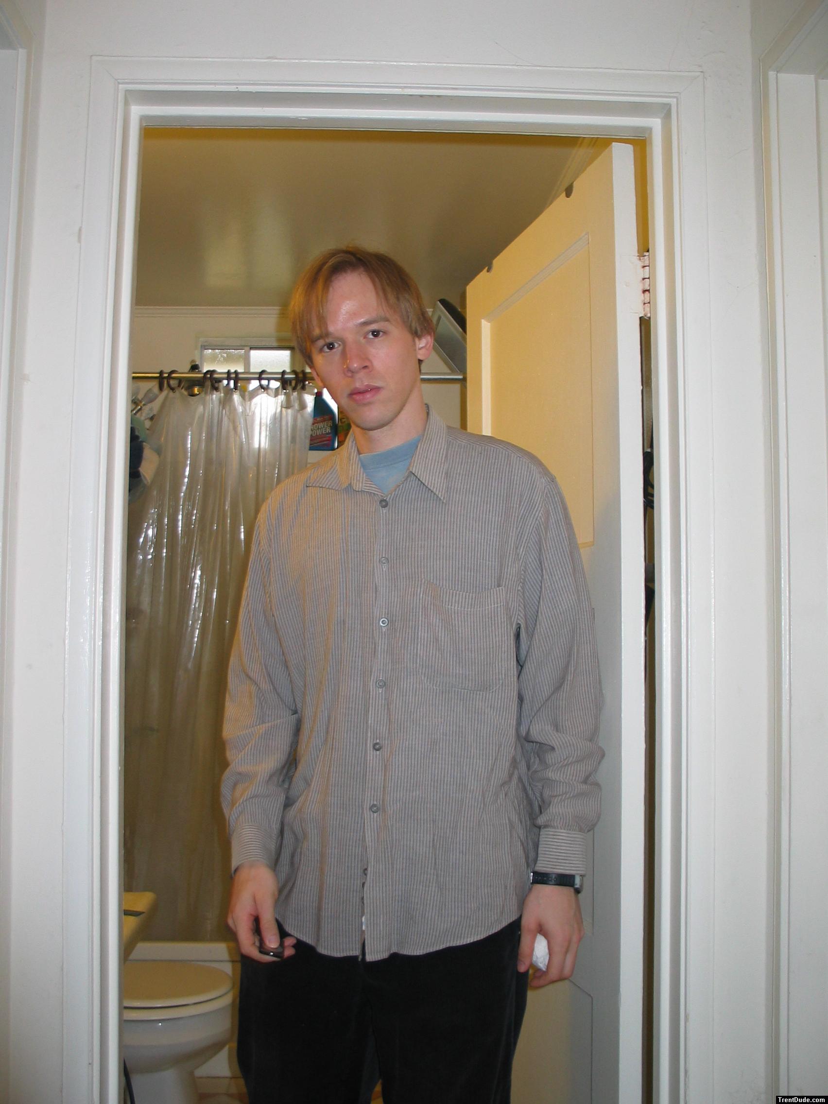 Tan button up shirt, long hair