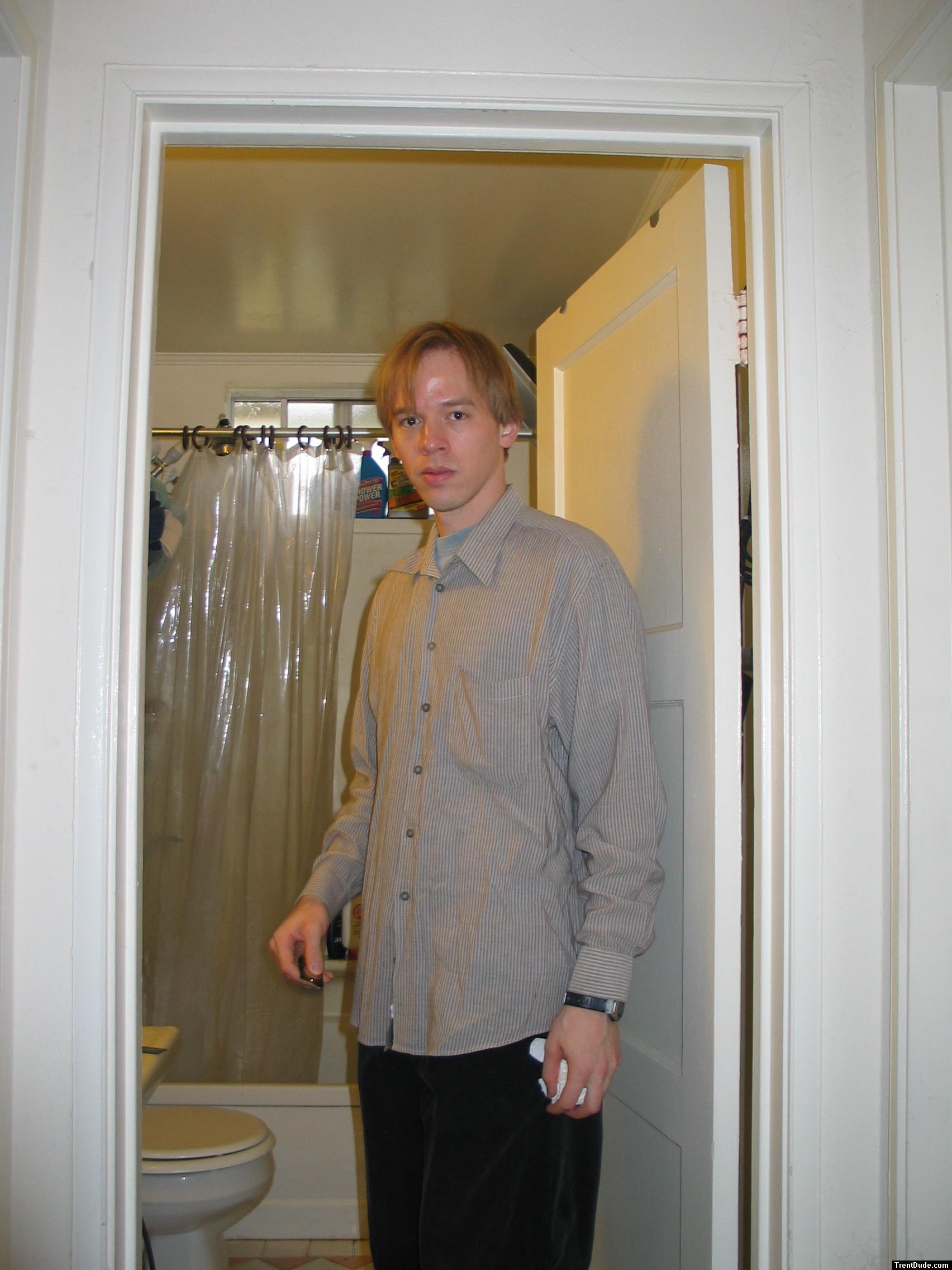 Tan button up shirt, long hair