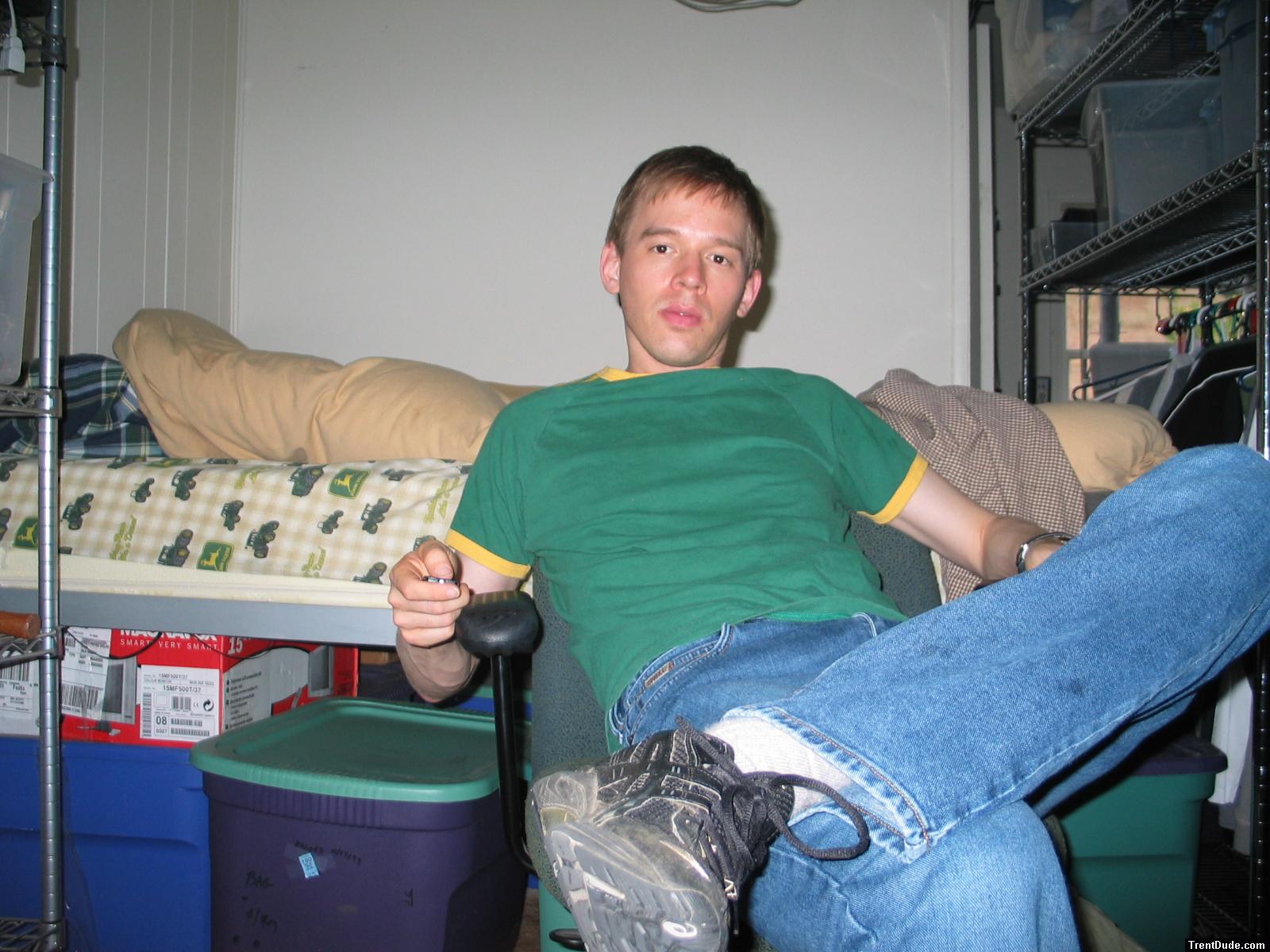 Quiksilver Jeans, Green shirt, black asics shoes