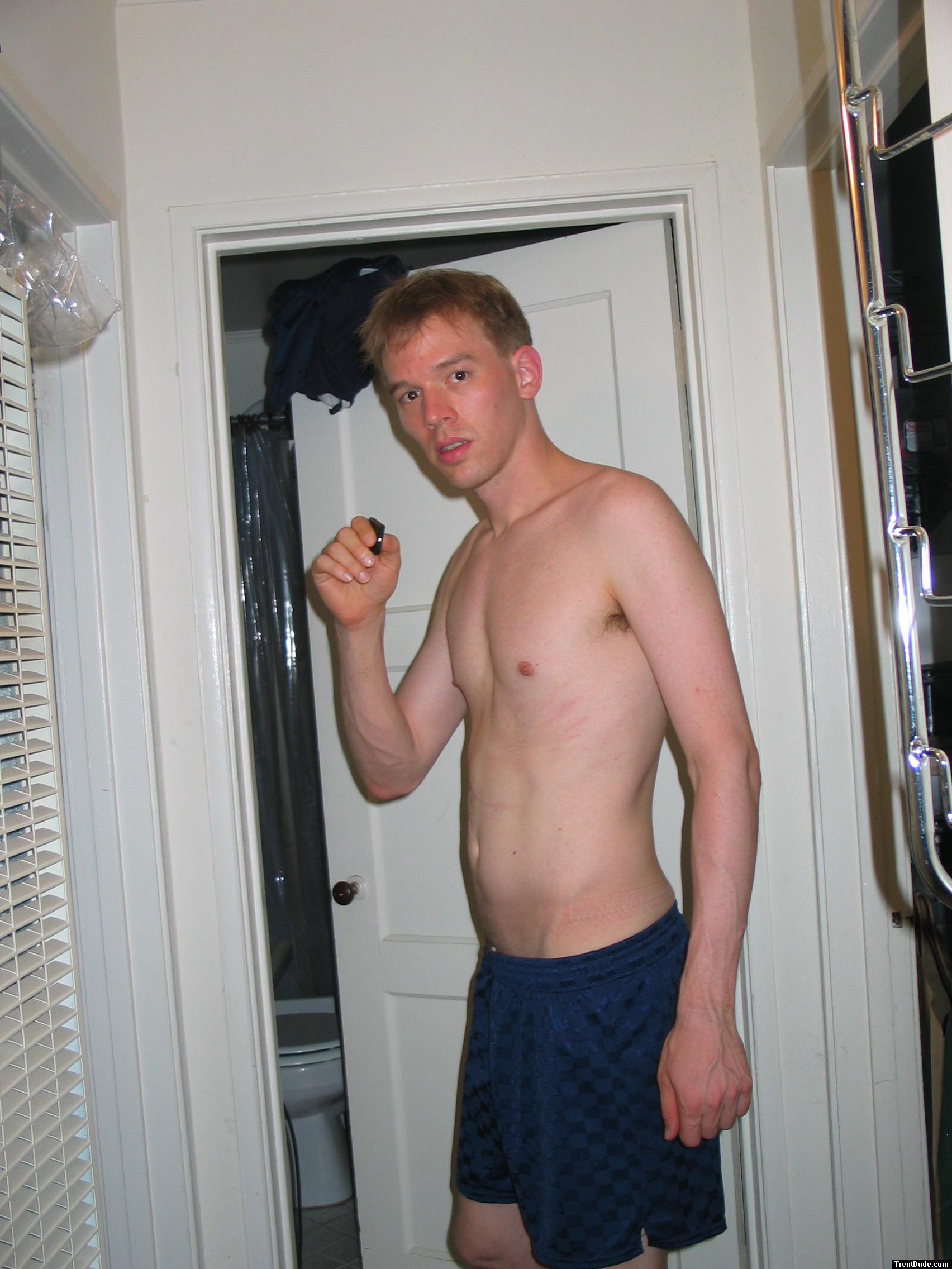 Blue Umbro shorts - shirtless!