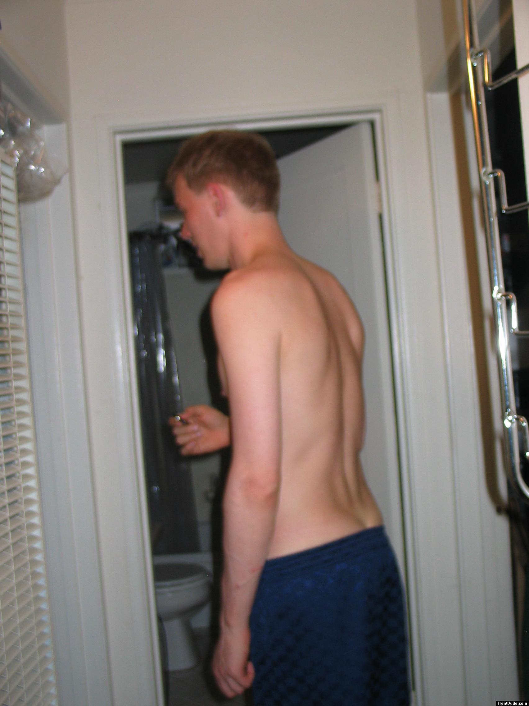 Blue Umbro shorts - shirtless - back
