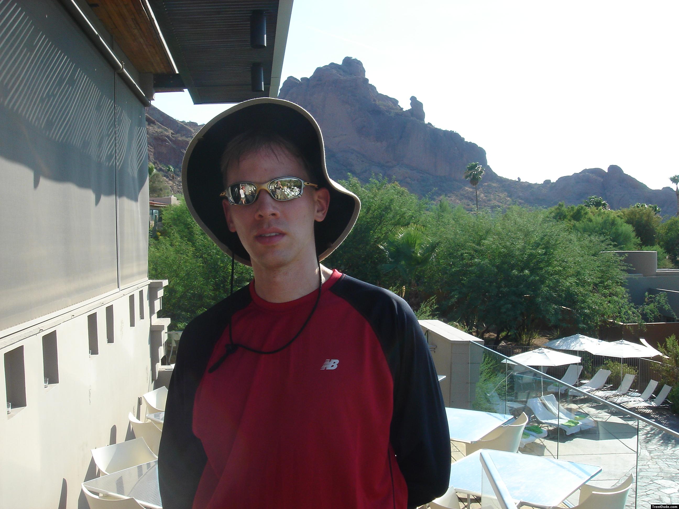 New Balance Red/Black Long sleeve, Columbia Sportswear Company titanium SPF30  pants, Columbia Sportswear hat