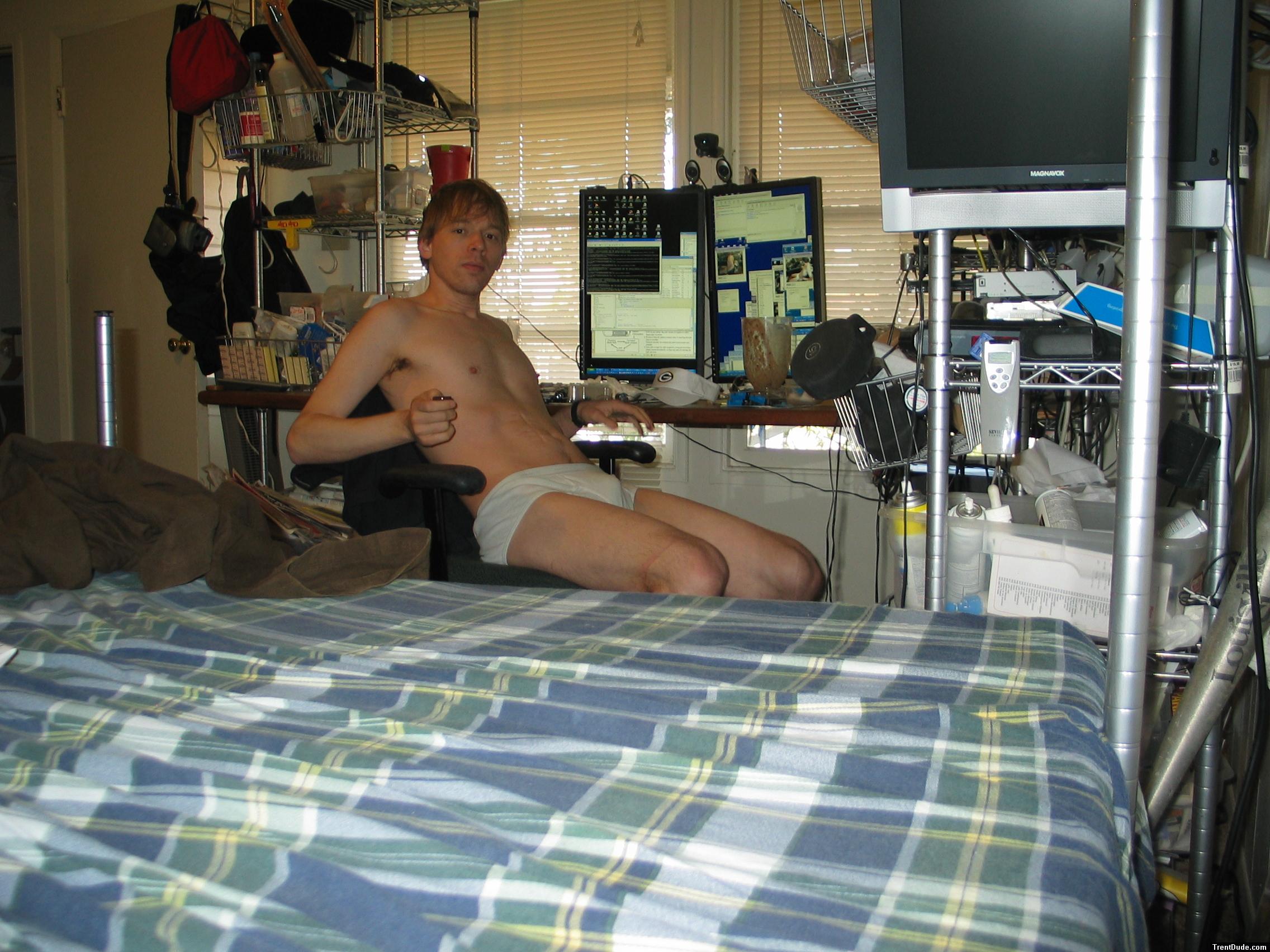 Lounging in underwear by the computer