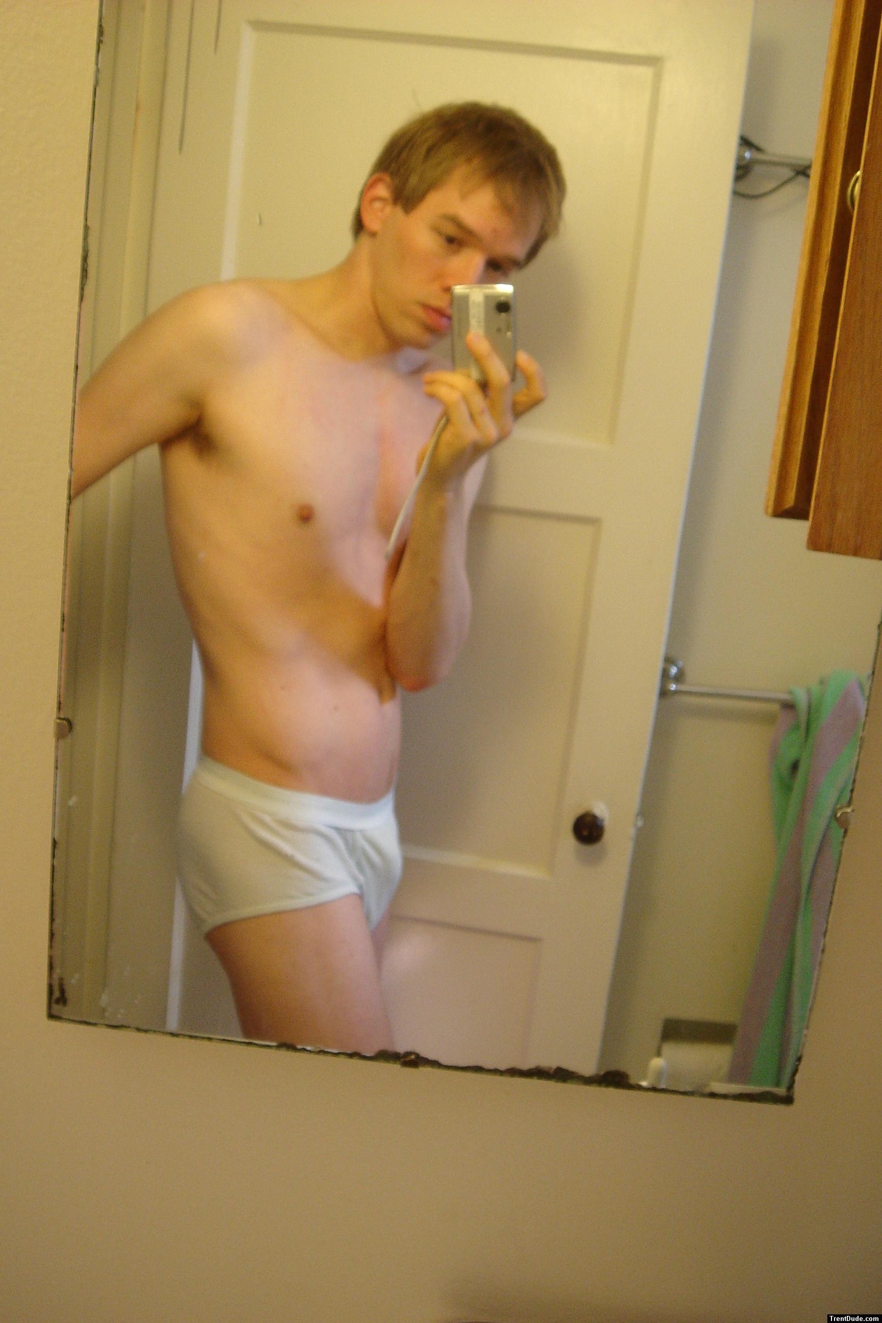 Blonde in white hanes tightey whitey