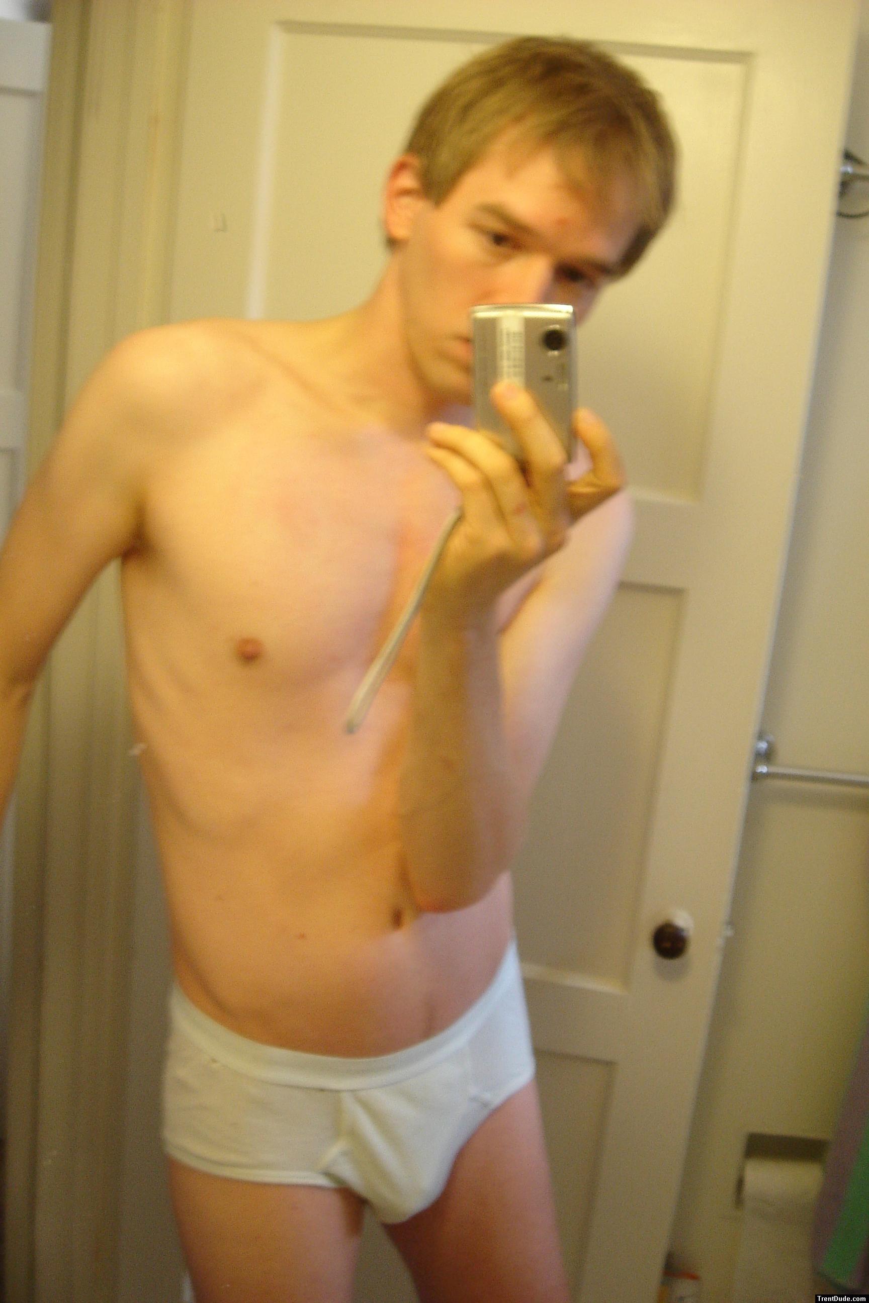 Blonde in white hanes tightey whitey