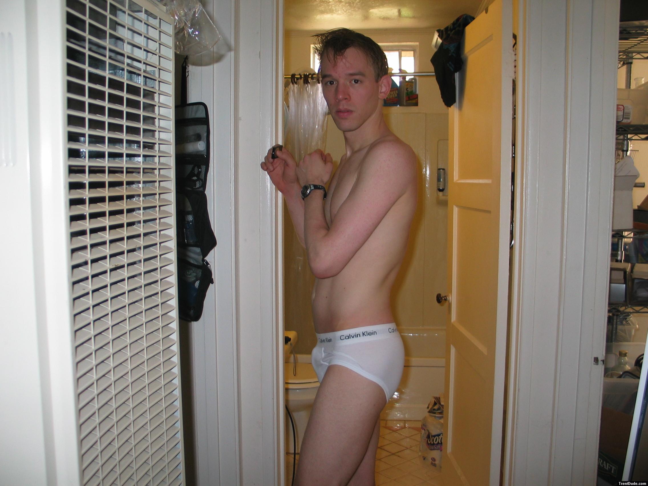looking suprised, in Calvin Klein briefs
