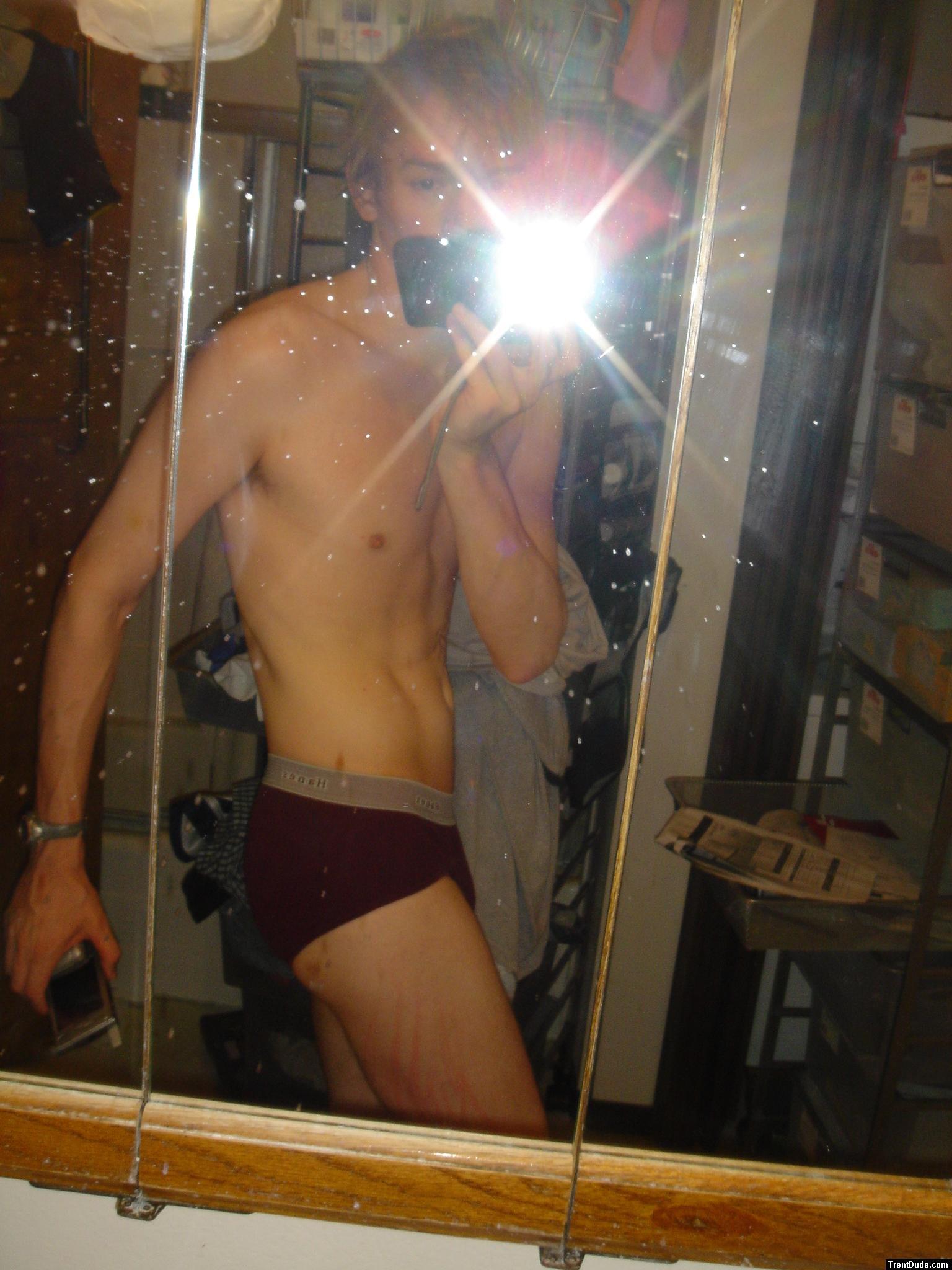 Toned abs with Red Underwear.  Its a shame the window was so messy.