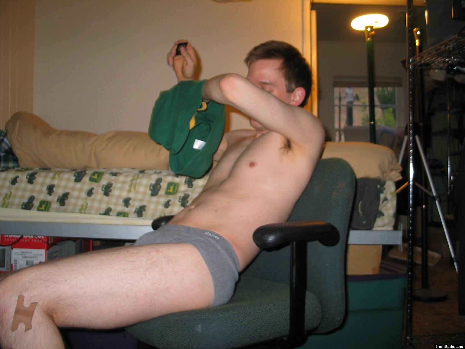 Green shirt, grey hanes comfort fit underwear