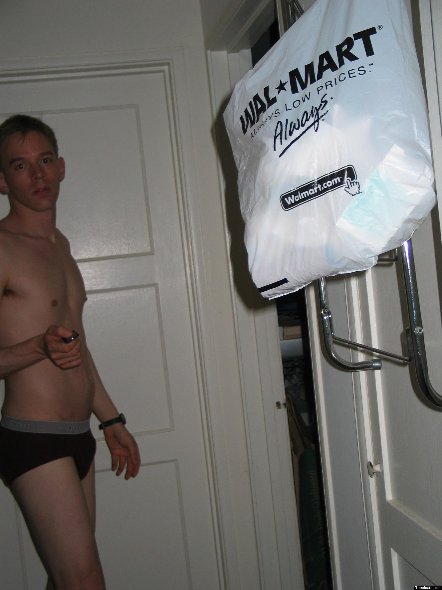 The Wal-Mart bag dominates the photo ( Red hanes briefs )