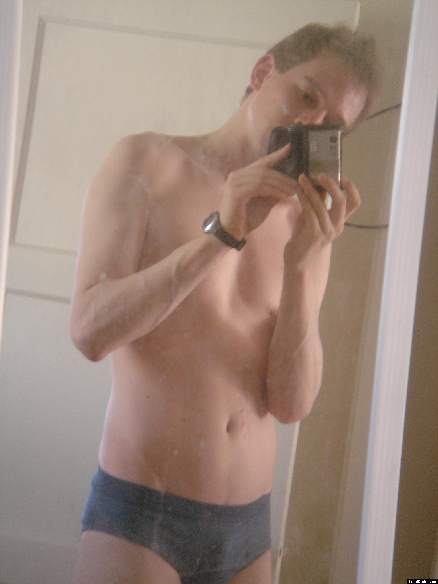 Trent in blue Patagonia camping underwear