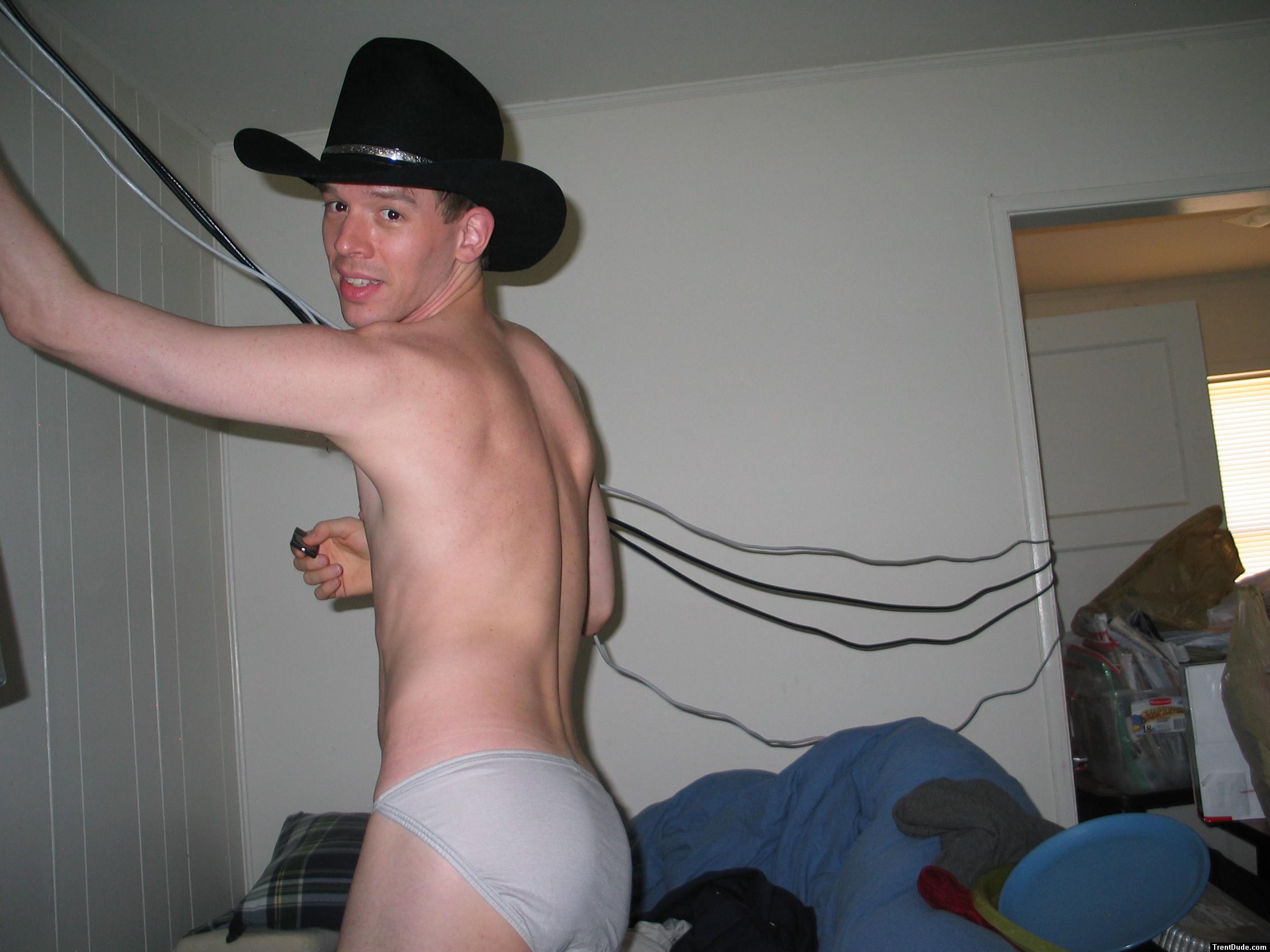 White bikini briefs (Life Brand) - wearing cowboy hat