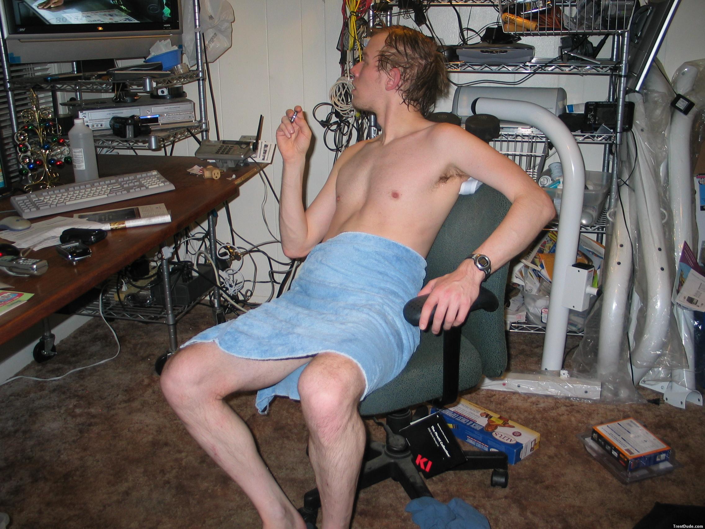 Watching TV in a towel after a shower
